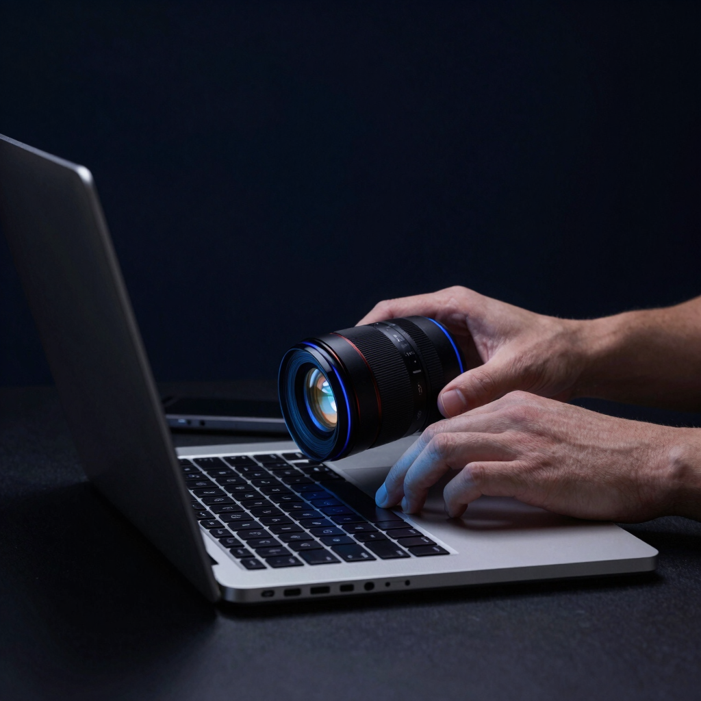 dark editorial tech photography, moody low key studio lighting, deep navy and silver tones, sharp blue rim light, macro lens, hands carefully inspecting an opened business laptop on a dark workbench