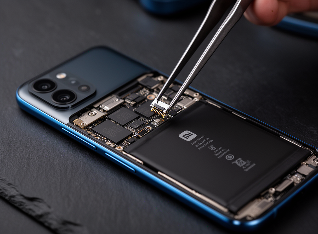 Technical close-up view of a Xiaomi Mi Note 14 smartphone open for battery and mother-board diagnosis, precision tweezers touching component connector with clean dark studio lighting