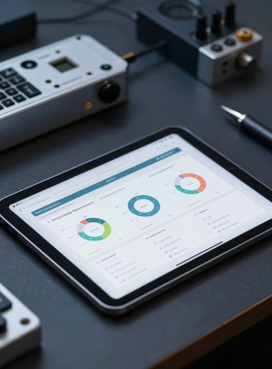 Close-up of a tablet display presenting a digital sustainability report document beside precision electronic repair equipment on a dark desk