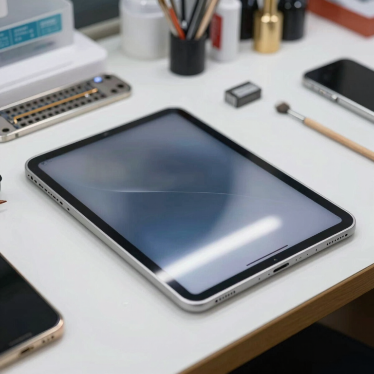 dark editorial tech photography, macro lens on a pristine refurbished smartphone resting on a dark textured surface, sharp blue rim light hi