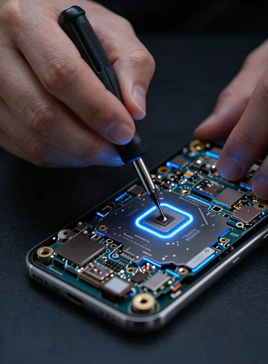 Close-up of hands using precision screwdrivers on an opened smartphone motherboard, soft blue glowing rim light on metallic components, dark workspace background, professional editorial tech photography