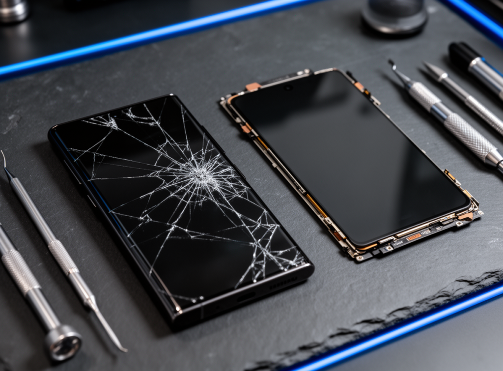 Close-up image of a Samsung Galaxy S26 Ultra smartphone with a cracked AMOLED screen alongside a newly replaced pristine screen module on ES