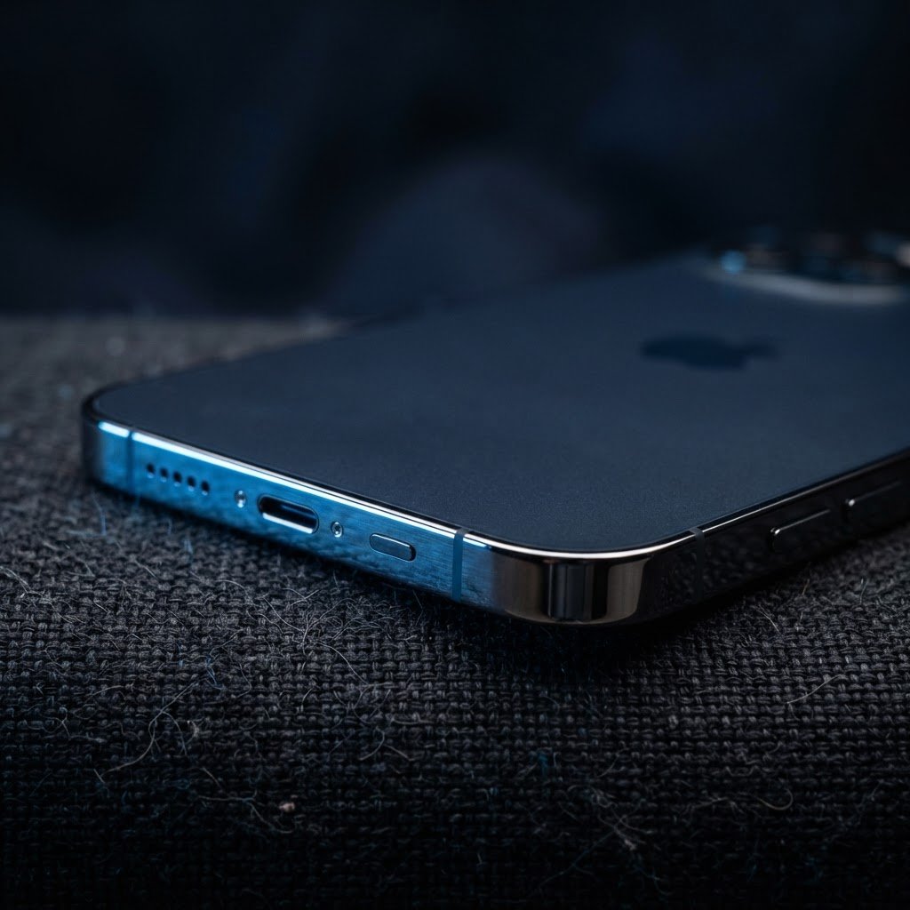dark editorial tech photography, macro lens on a pristine refurbished smartphone resting on a dark textured surface, sharp blue rim light highlighting the metallic edge, deep navy background, moody low key studio lighting
