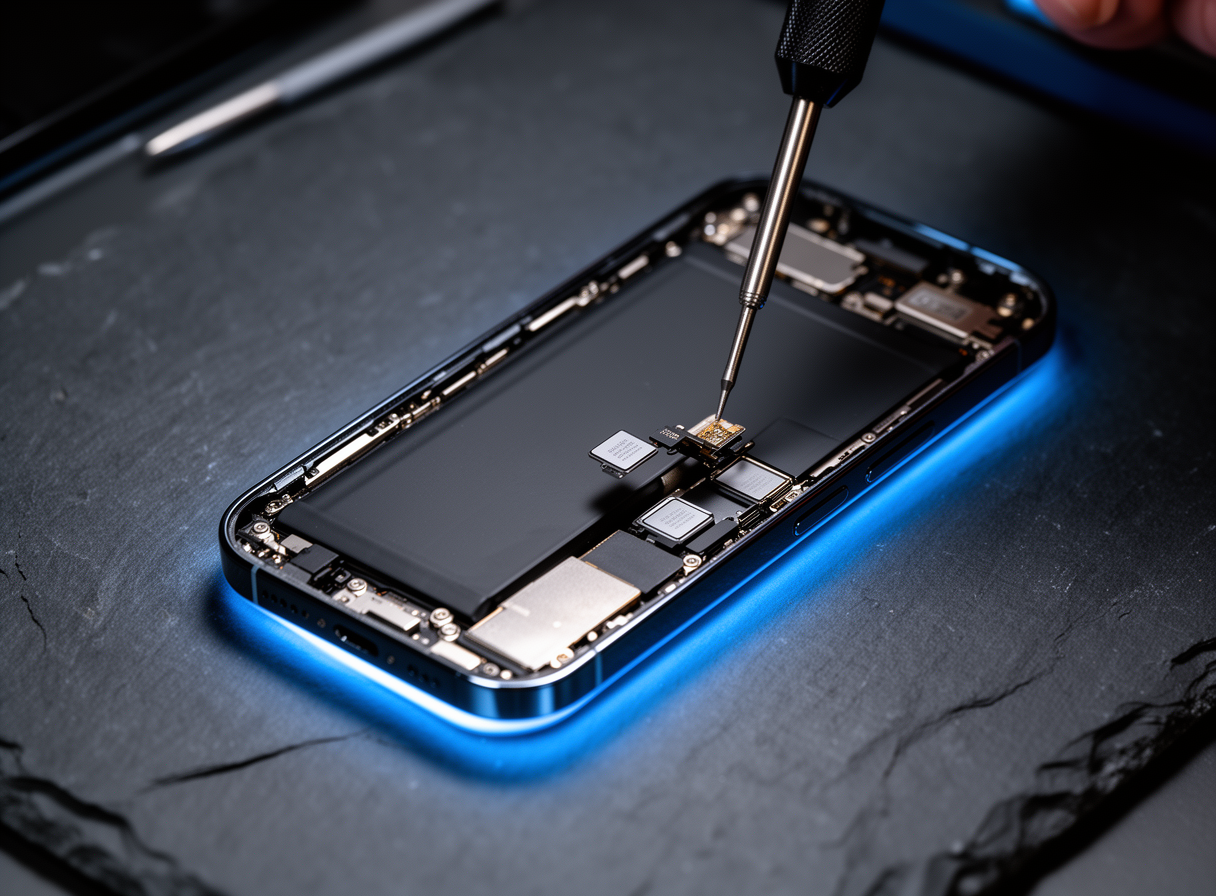 Macro shot of an iPhone 15 Pro being carefully repaired on a dark tech workbench, opened chassis revealing interior magnets, precision screwdriver removing battery connector under soft blue lighting