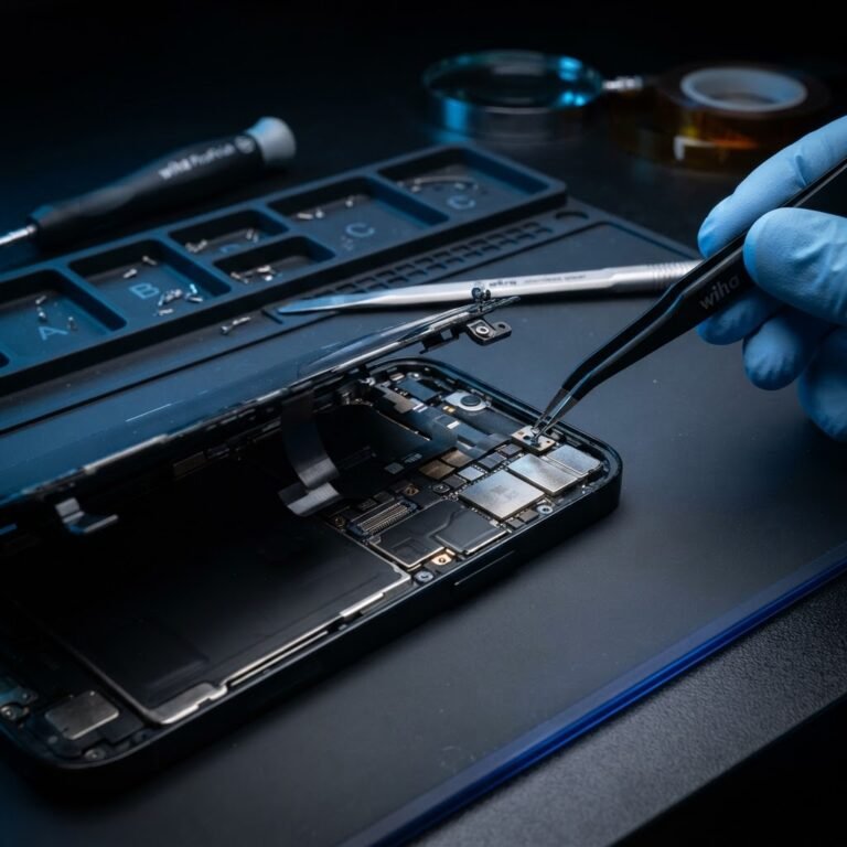 Macro shot of an iPhone precision screen repair on a dark workbench with clean illumination and subtle tools