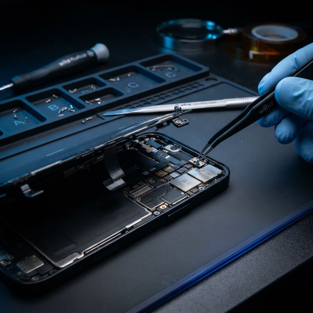 Macro shot of an iPhone precision screen repair on a dark workbench with clean illumination and subtle tools