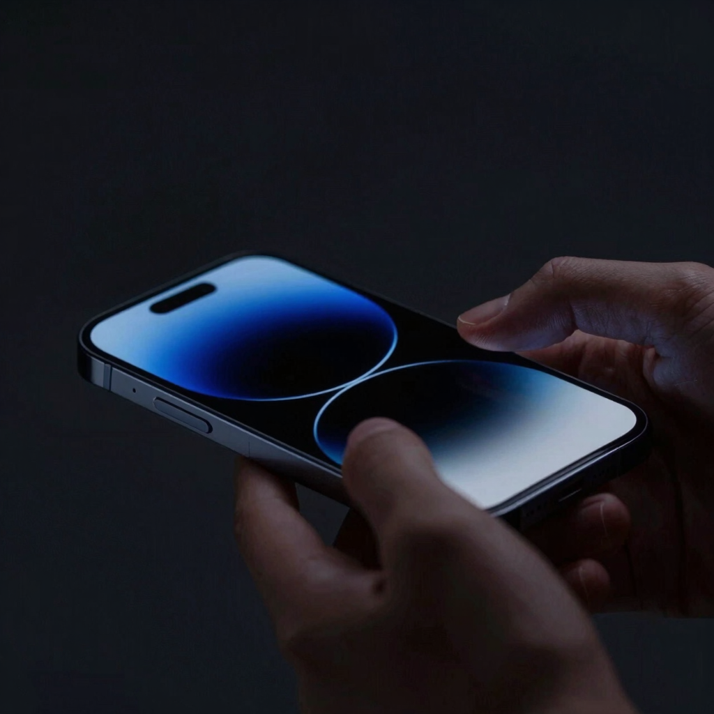 dark editorial tech photography, hands carefully inspecting a smartphone under moody low key studio lighting, deep charcoal tones, sharp focus on the device screen, blue accent light, macro lens
