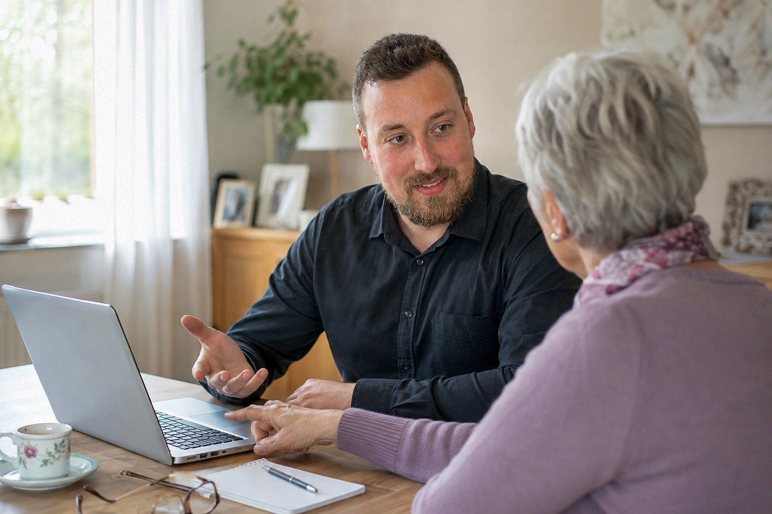 Tobi Christmann von TC Service & Repair erklärt einer älteren Kundin die Bedienung ihre neuen Laptop